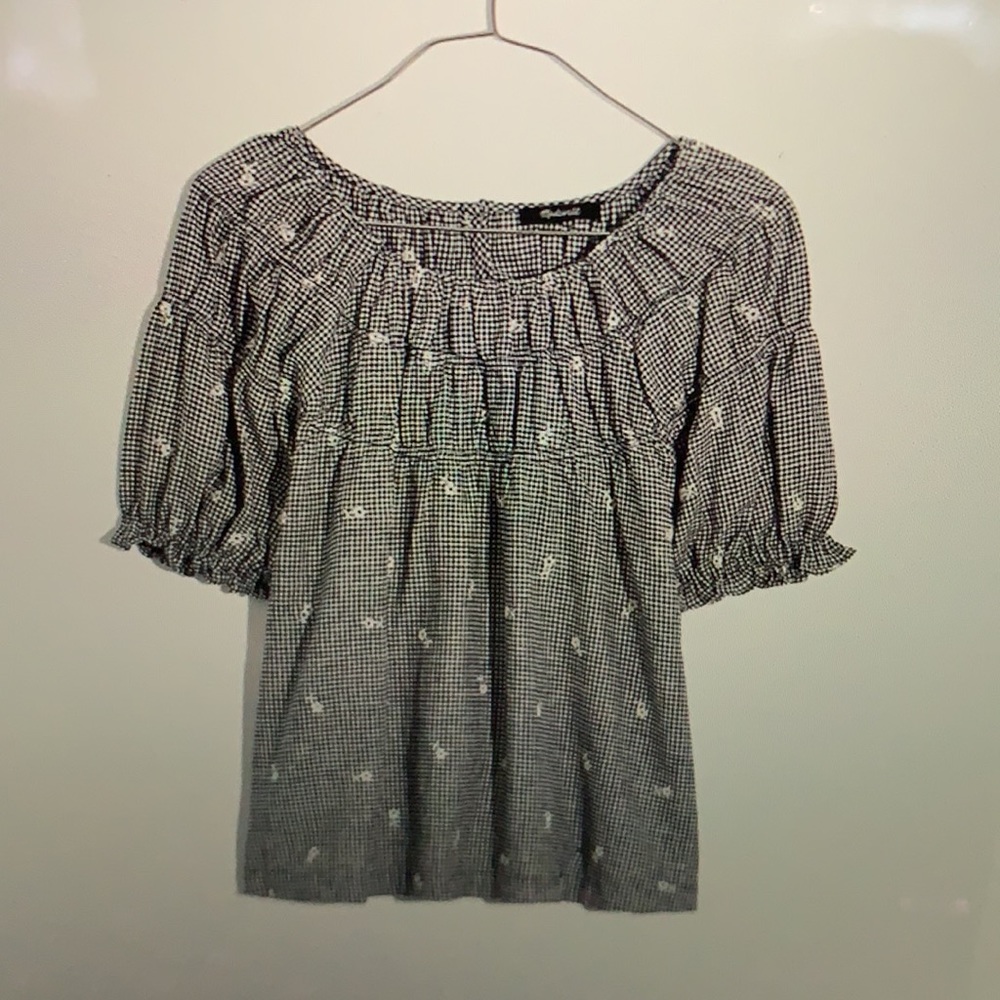 Madewell size medium, dark navy blue gingham with embroidered flowers